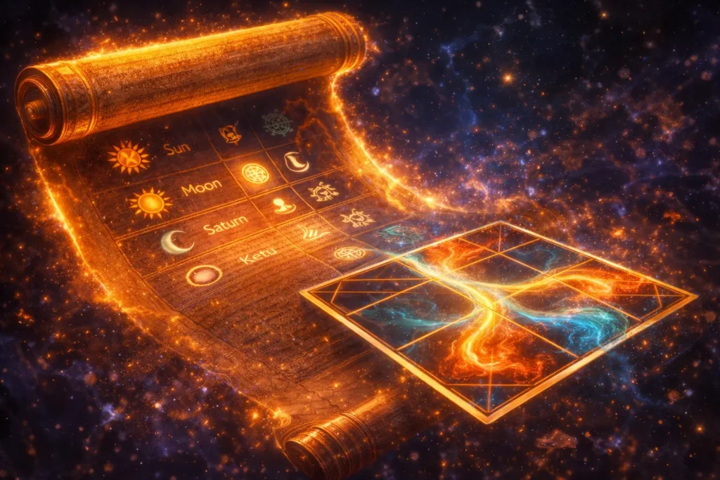 Mystical scroll and serene birth chart