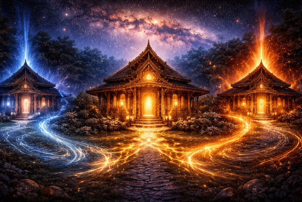 Three radiant Vedic houses at night