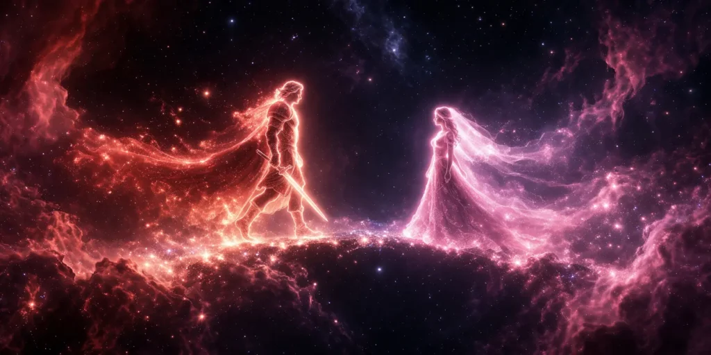 Two glowing silhouettes a Warrior and a Princess