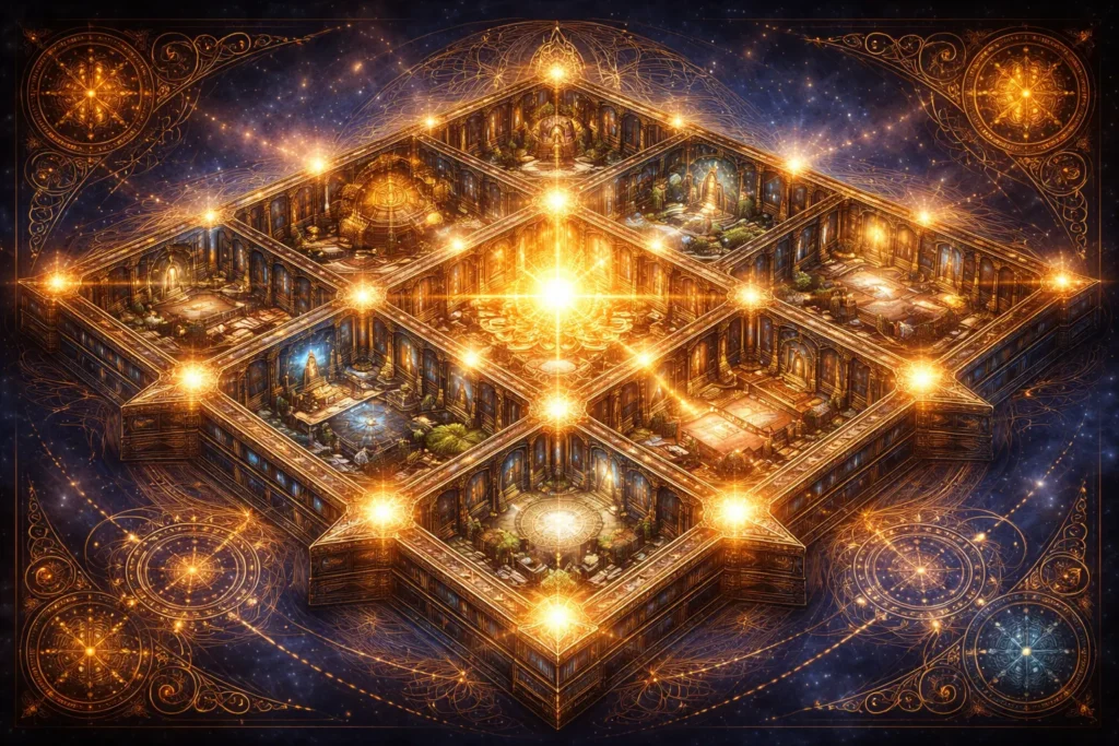 Vedic palace blueprint with golden light